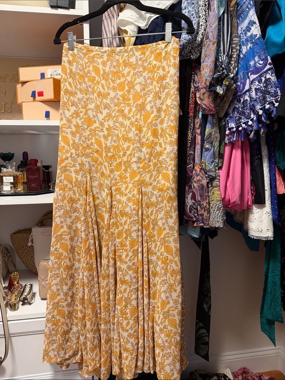 Free People Mustard Floral Pleated Maxi Skirt